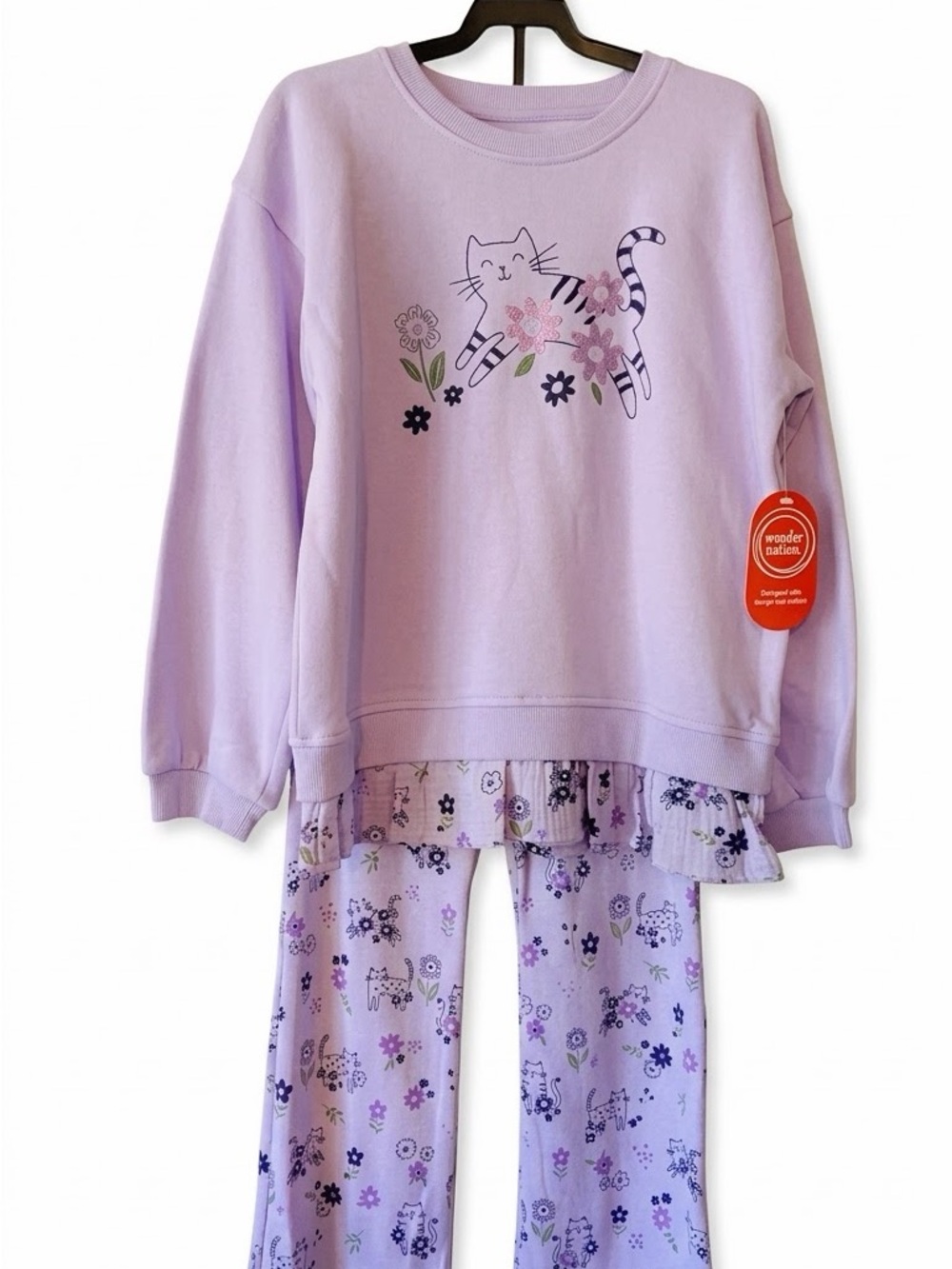 wonder nation Lavender Cat & Floral Ruffle Hem Pajama Set